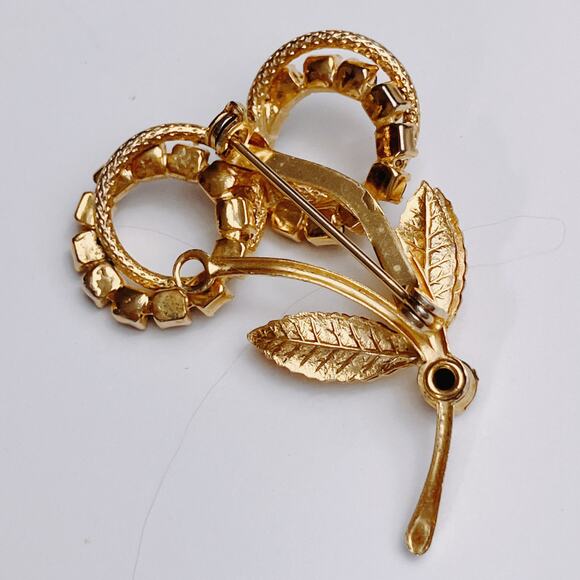 Mid Century Gold Tone Floral Brooch Amber Rhinestone Prong Set 50s Eternity Pin - Picture 7 of 7